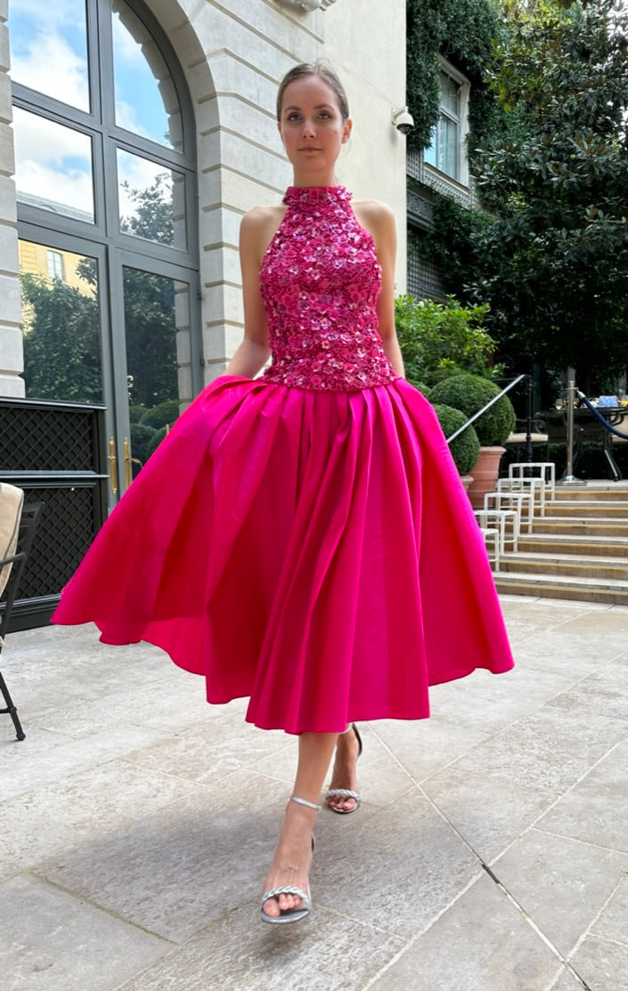 TEA LENGTH PLEATED SOFT TAFFETA MIDI SKIRT WATERMELON