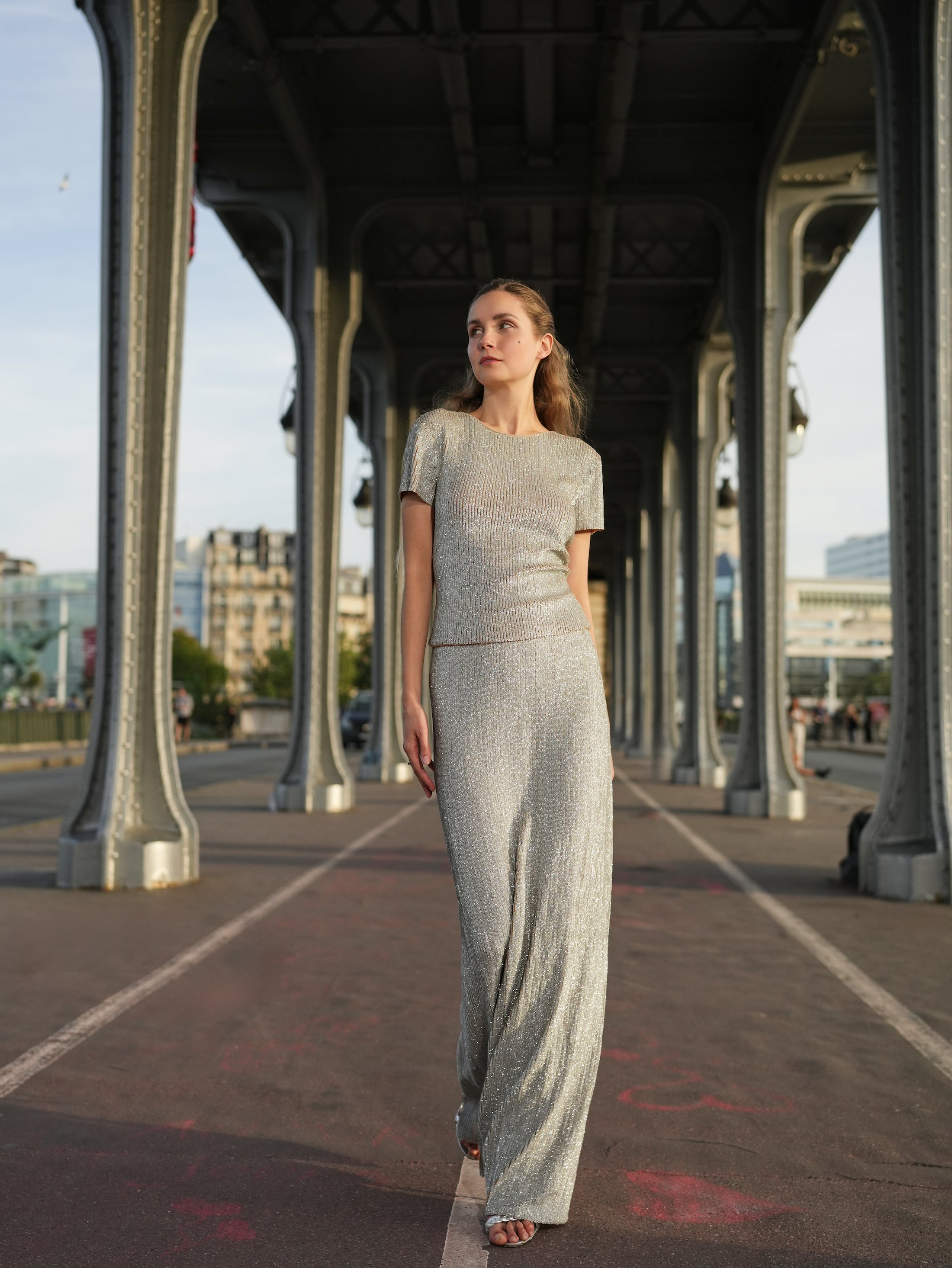CRYSTALIZED STRETCH SEQUIN SILVER LONG PENCIL SKIRT