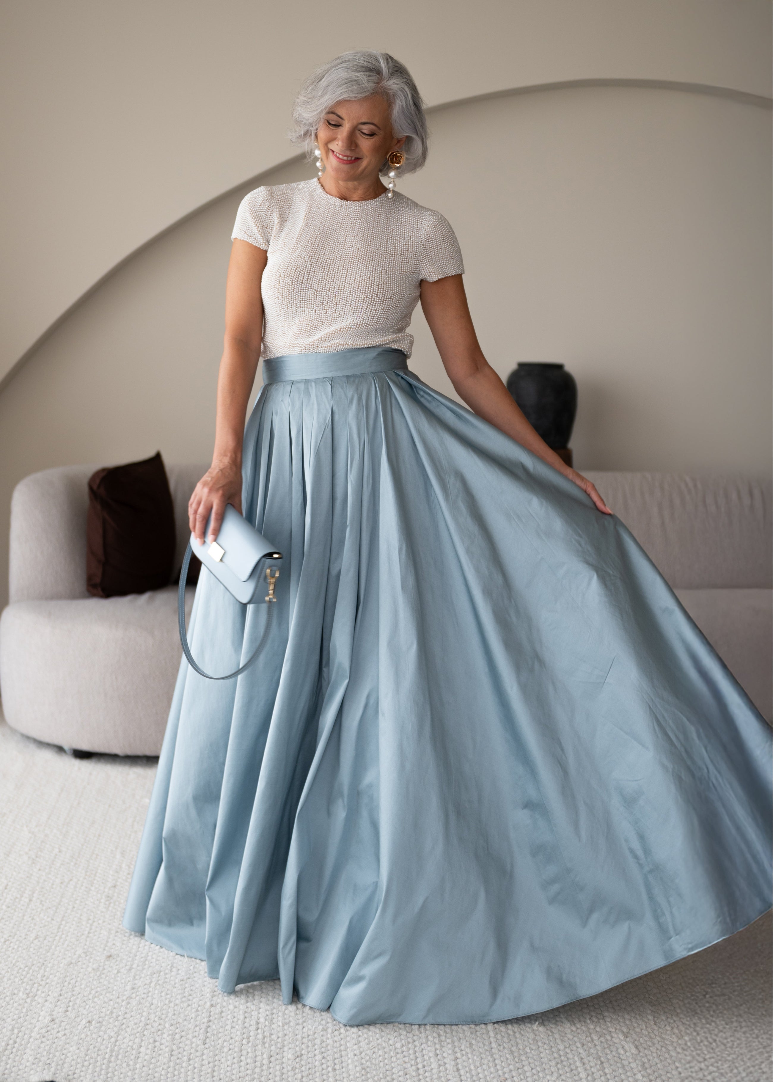PLEATED SOFT TAFFETA BALLGOWN SKIRT LIGHT BLUE