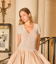 STRETCH PEARL BEADED V-NECK TOP IVORY PEARL