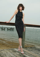 Encrusted Glass Jet And Emerald Beaded Racerback Midi Dress