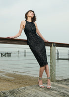 Encrusted Glass Jet And Emerald Beaded Racerback Midi Dress