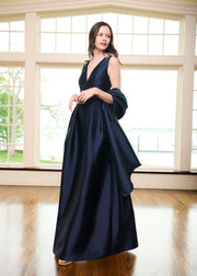 Faille Deep V Gown With Crystal Floral Bows