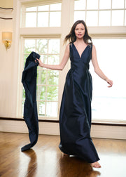 Faille Deep V Gown With Crystal Floral Bows