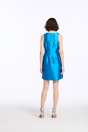 TAFFETA JEWEL NECK MINI DRESS WITH FLOWER APPLIQUE