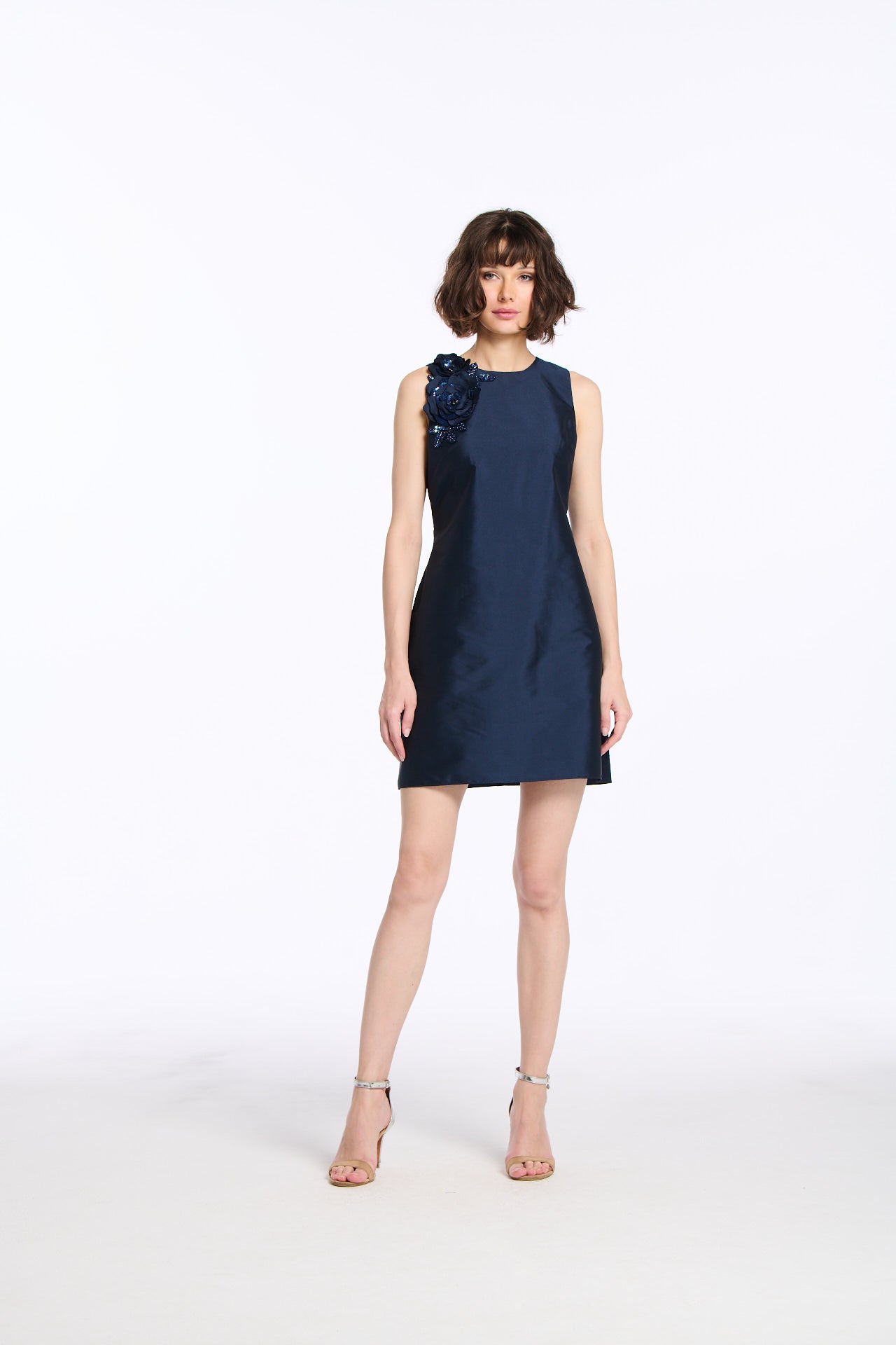 TAFFETA JEWEL NECK MINI DRESS WITH FLOWER APPLIQUE