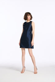 TAFFETA JEWEL NECK MINI DRESS WITH FLOWER APPLIQUE