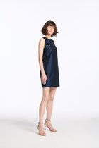 TAFFETA JEWEL NECK MINI DRESS WITH FLOWER APPLIQUE