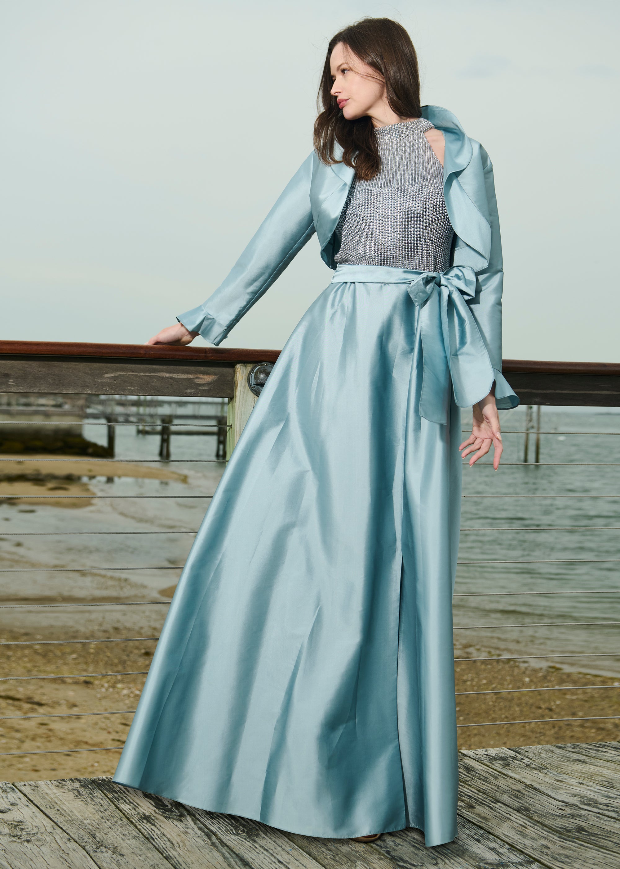 PEARL MOCK NECK TAFFETA GOWN LIGHT BLUE