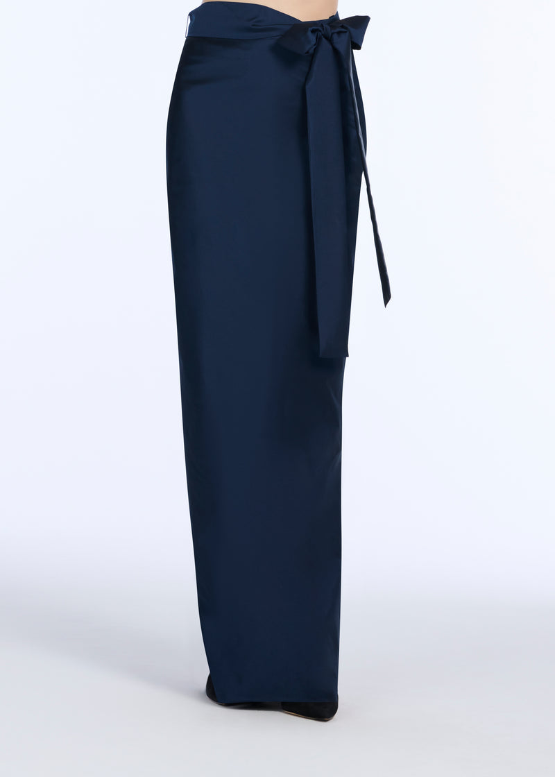 TAFFETA BIAS COLUMN SKIRT WITH SASH NAVY