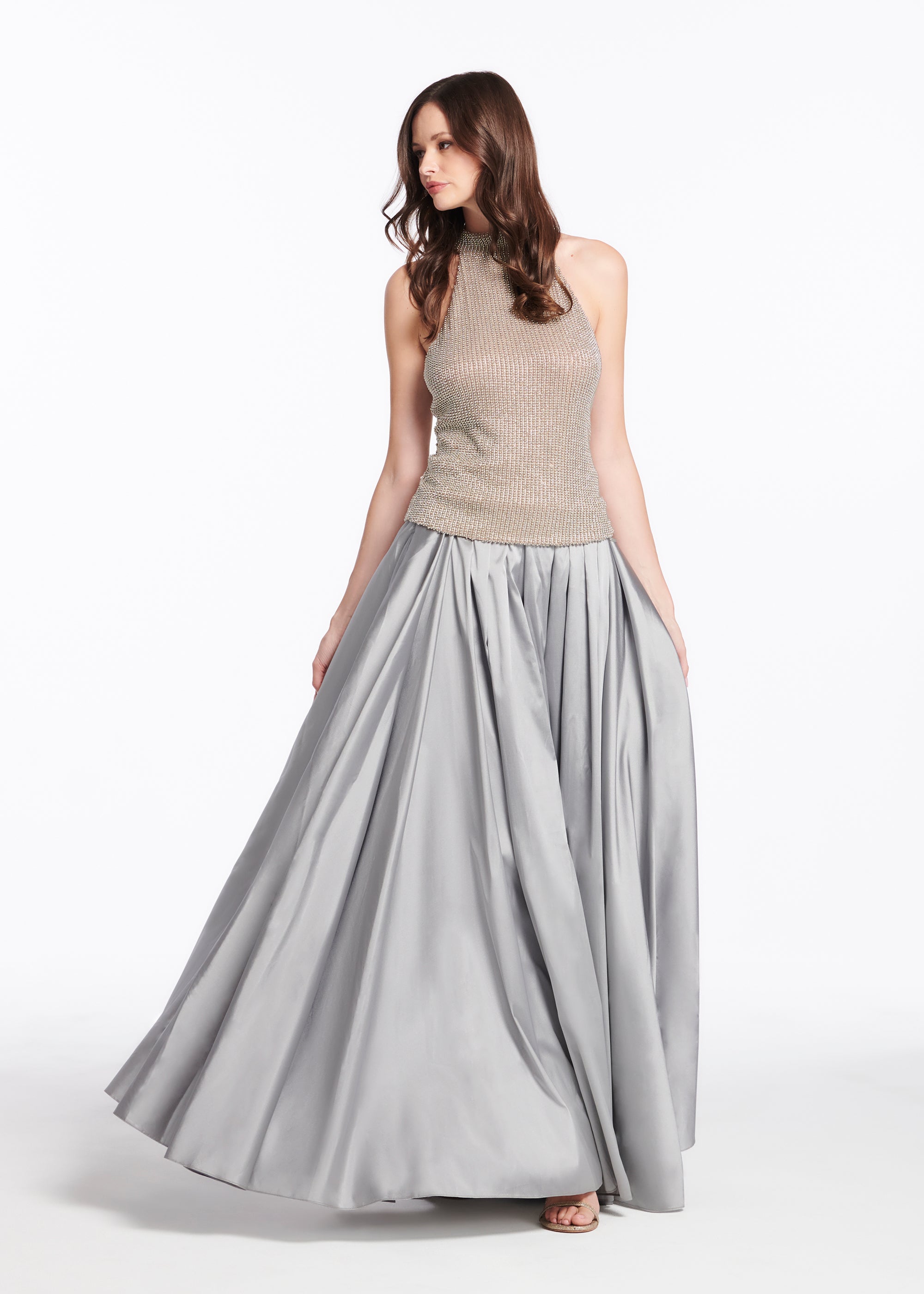 SILVER PEARLS ENCRUSTED SLEEVELESS MOCK NECK