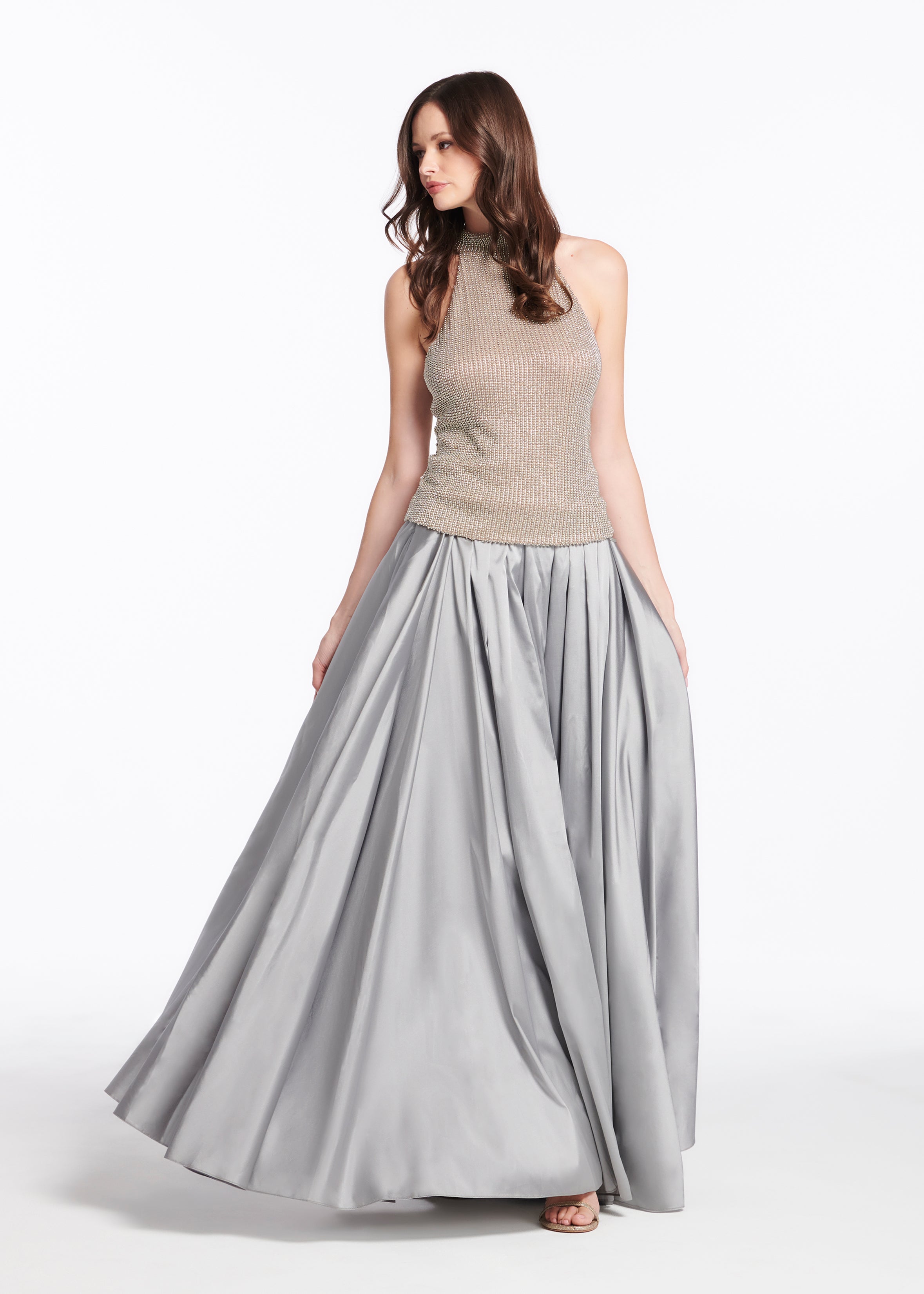 SILVER PEARLS ENCRUSTED SLEEVELESS MOCK NECK