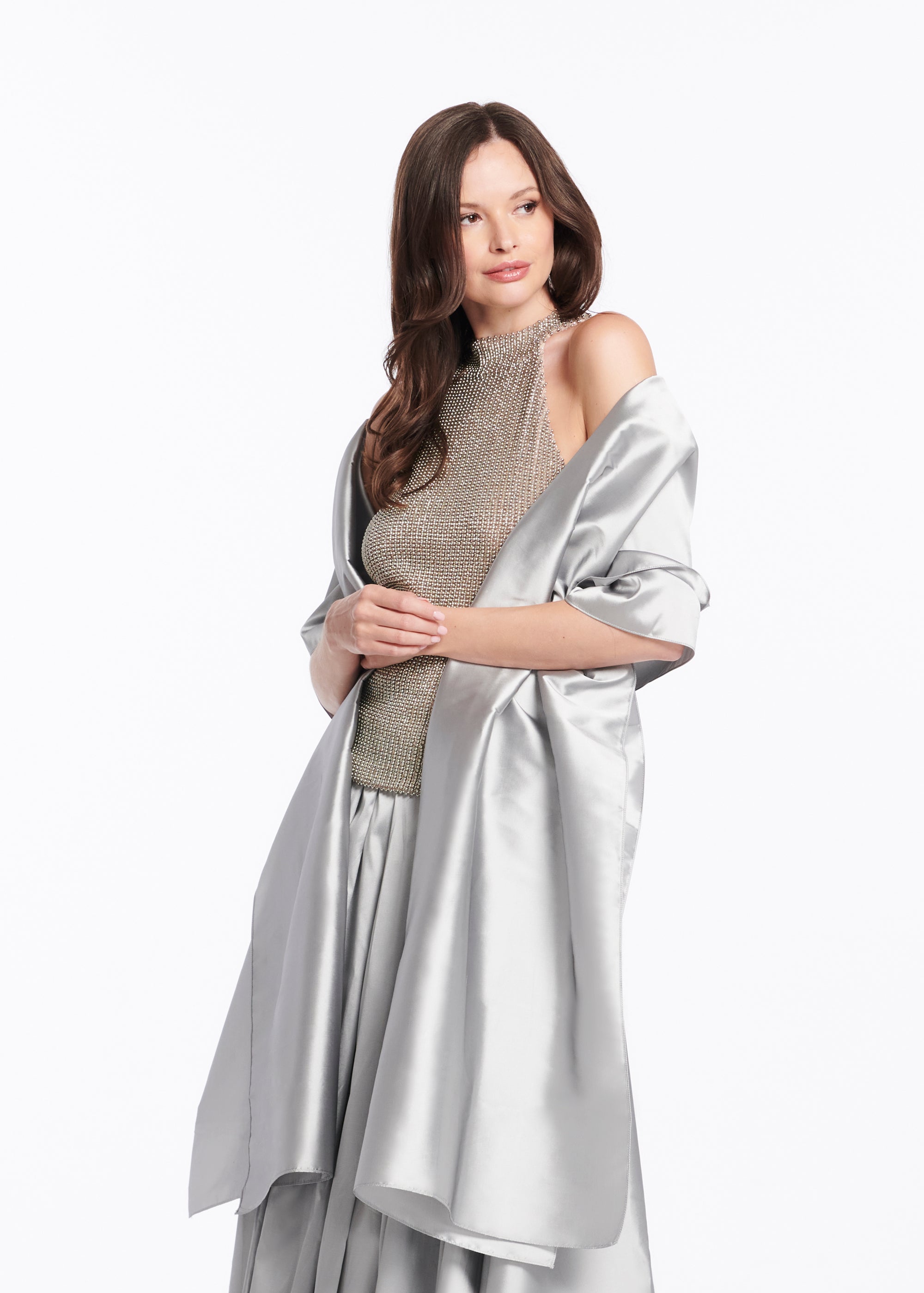 SILVER PEARLS ENCRUSTED SLEEVELESS MOCK NECK