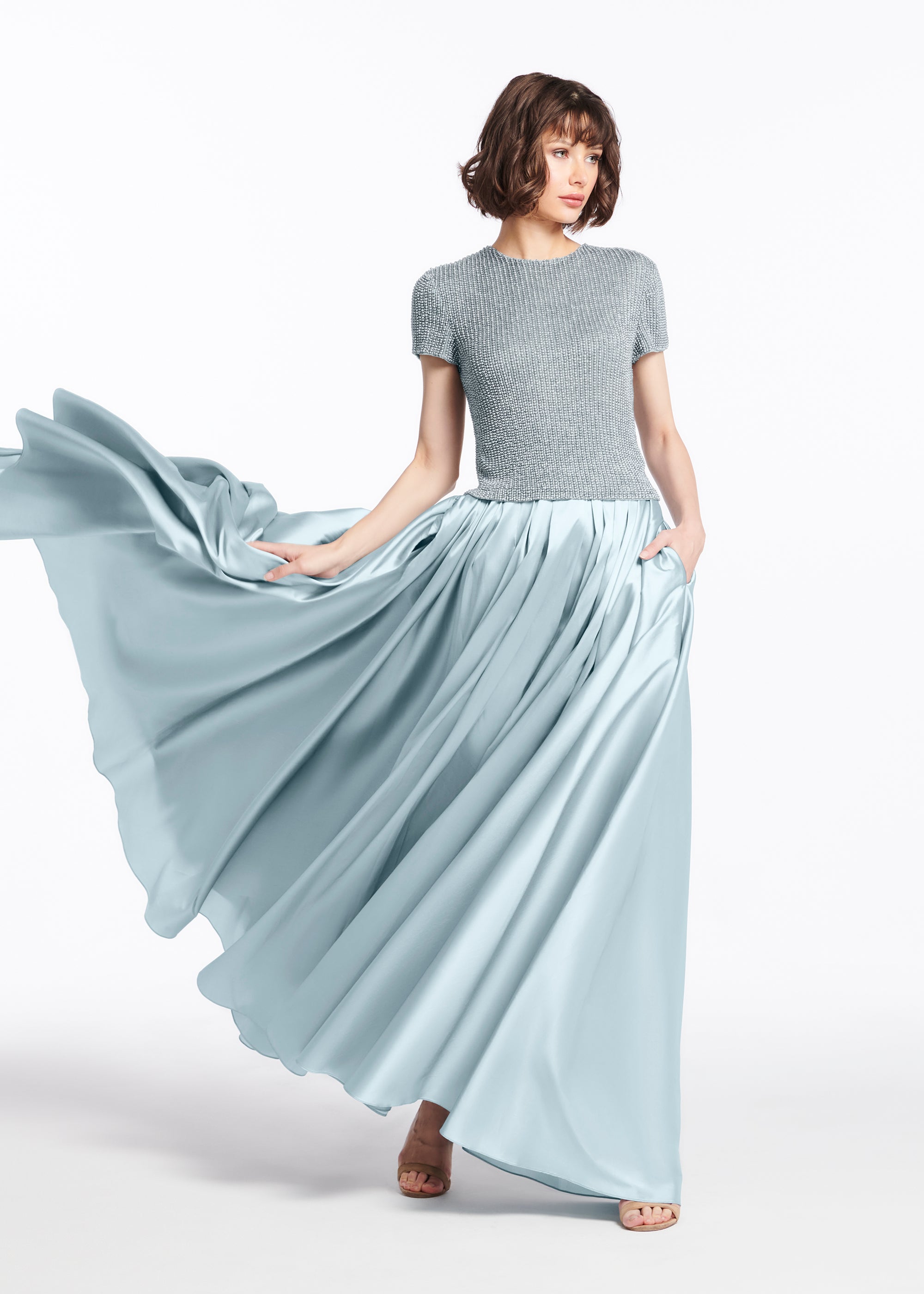 PEARL ENCRUSTED SHORT SLEEVE TEE - LIGHT BLUE