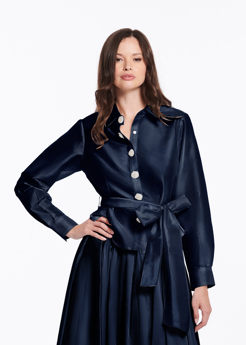 Chunky Crystal Flower Button Blouse Navy