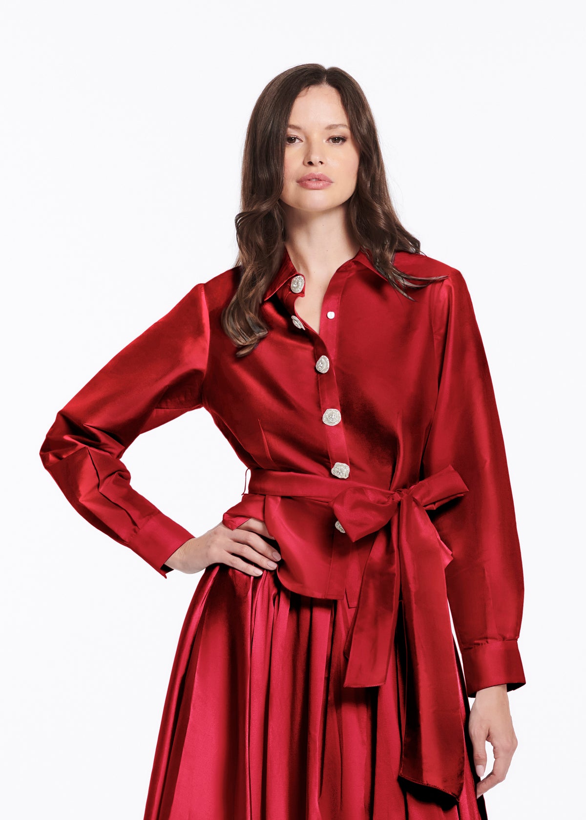 Chunky Crystal Flower Button Blouse Red