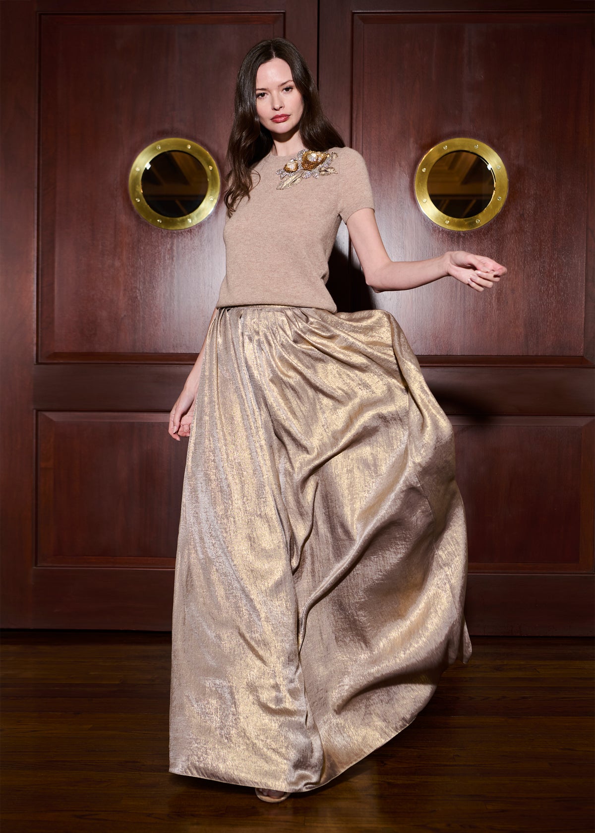 Cashmere Sweater With Applique Pailette Flowers - Gold
