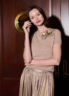 Cashmere Sweater With Applique Pailette Flowers - Gold