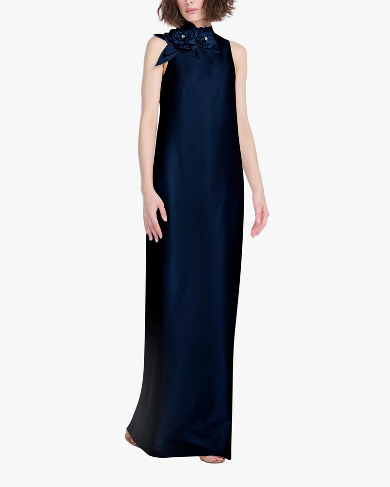 TAFFETA SLEEVELESS GOWN WITH FLOWERS NAVY