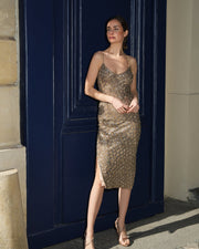 HAND BEADED SOFT METALLIC SLIP DRESS IN SUBTLE ANIMAL