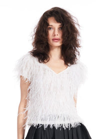 FEATHER V-NECK SHORT SLEEVE TEE - IVORY