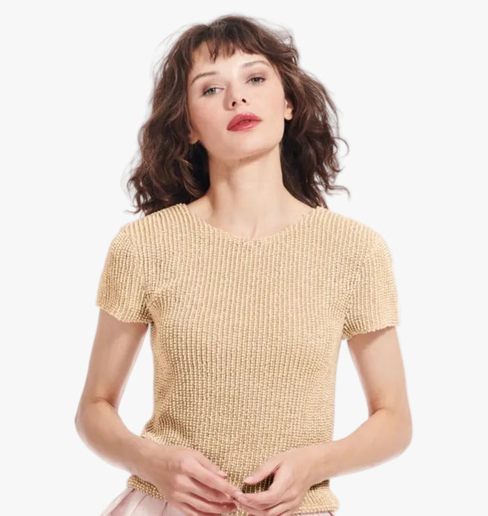 PEARL ENCRUSTED SHORT SLEEVE TEE CHAMPAGNE